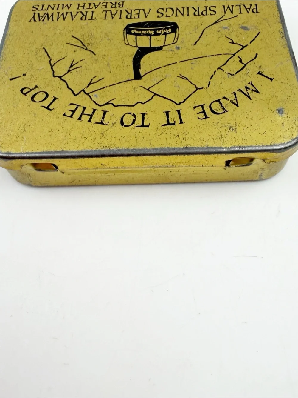 Vtg 70s Palm Springs Aerial Tramway Breath Mints Tin Souvenir Empty Gold CA